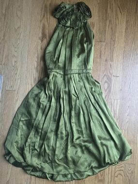 Designer Silk Green Halter Cocktail Dress with Floral Neck Detail